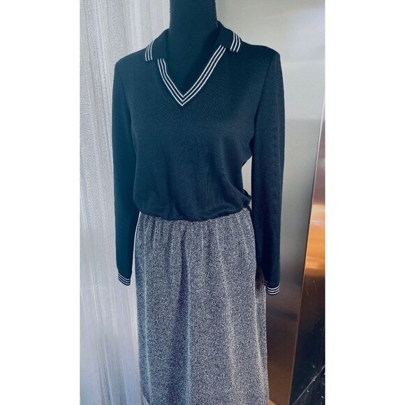 Vintage1970 dress, black top, grey skirt, long sleeves shirtdress, 2/4 (S) - Picture 4 of 10